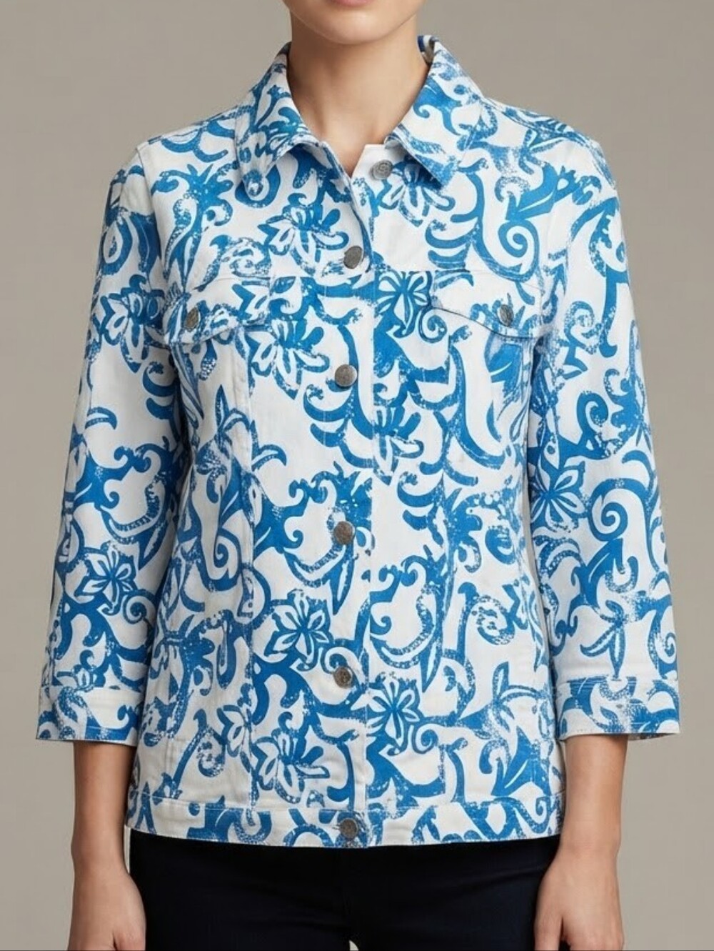 Denim & Co Blue White Floral Print Denim Jacket Size M
